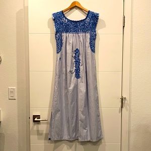 Mi Golondrina —French blue and white striped 3/4 midi Flores Dress— S —worn once